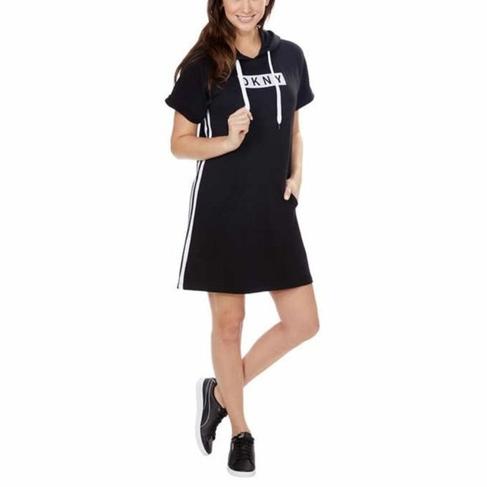 DKNY Sport Hoodie Dress Black Logo Short Sleeve Knit Athleisure Size Small NWT - Picture 2 of 10